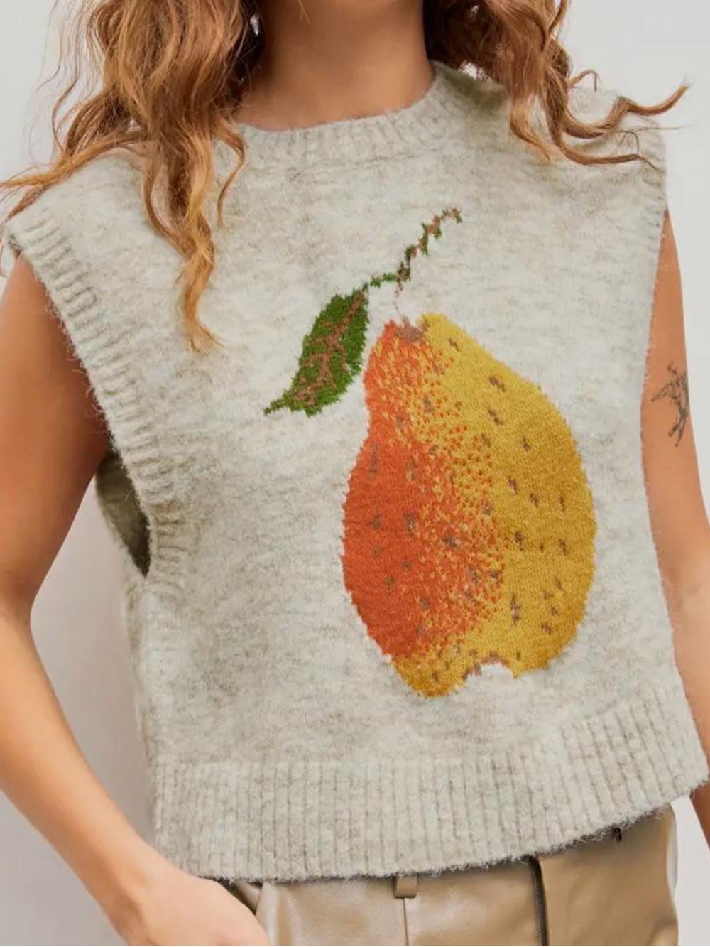 CIDER Pear Sweater Vest Alpaca Wool Blend Khaki Large Fruit Graphic - Picture 10 of 11